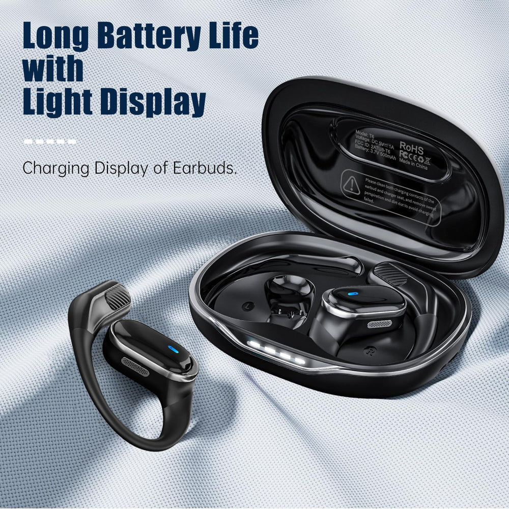 TRAUSI charging case open showing earbuds and long battery advantage