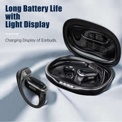 TRAUSI charging case open showing earbuds and long battery advantage