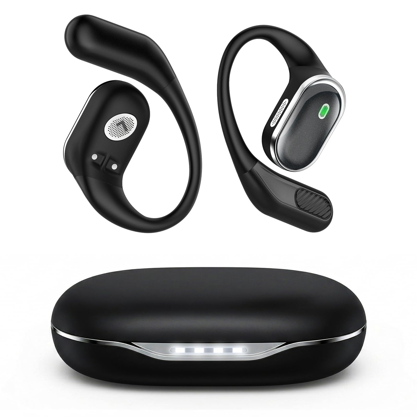 TRAUSI front view of open-ear earbuds showing sleek design and comfort
