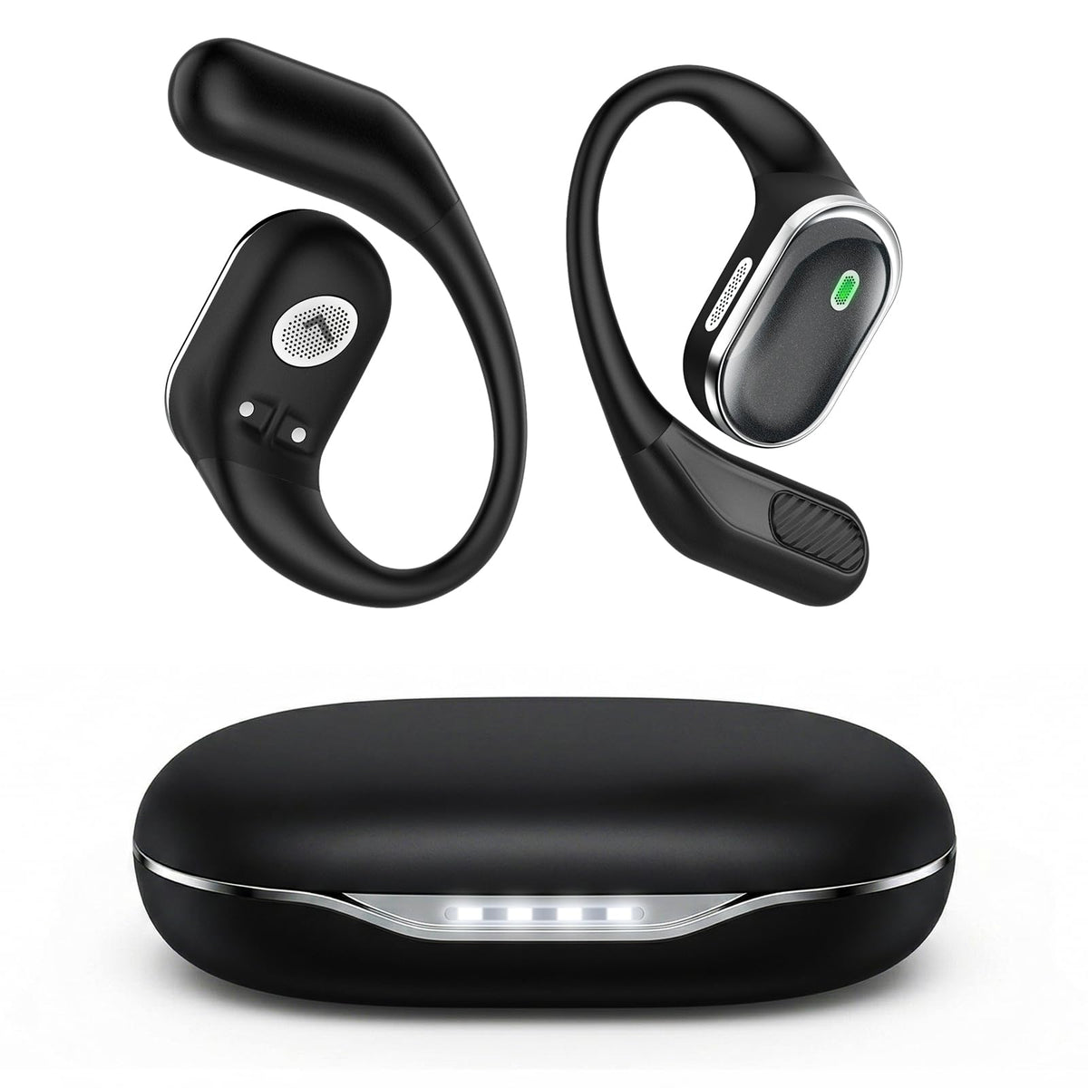 TRAUSI front view of open-ear earbuds showing sleek design and comfort