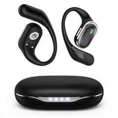 TRAUSI front view of open-ear earbuds showing sleek design and comfort