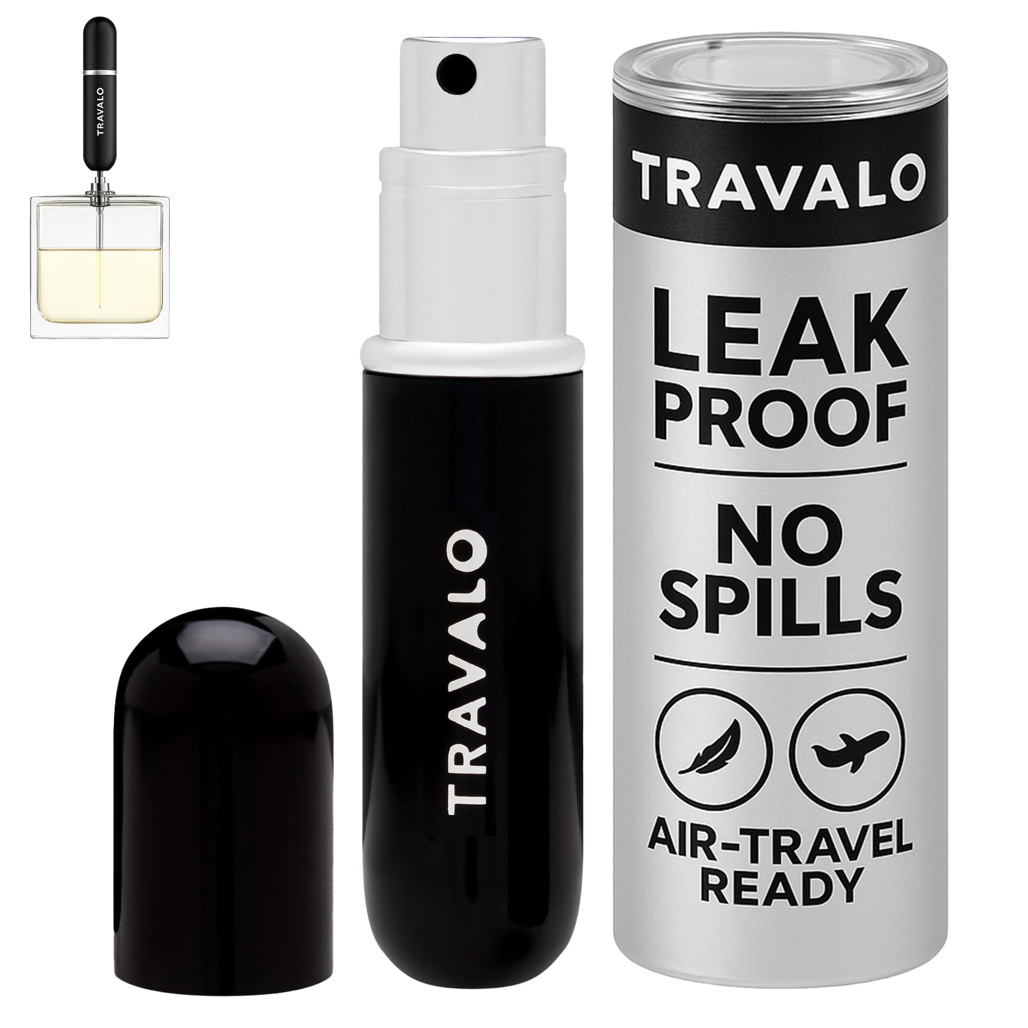 Travalo front view in black showing sleek design and portability benefit