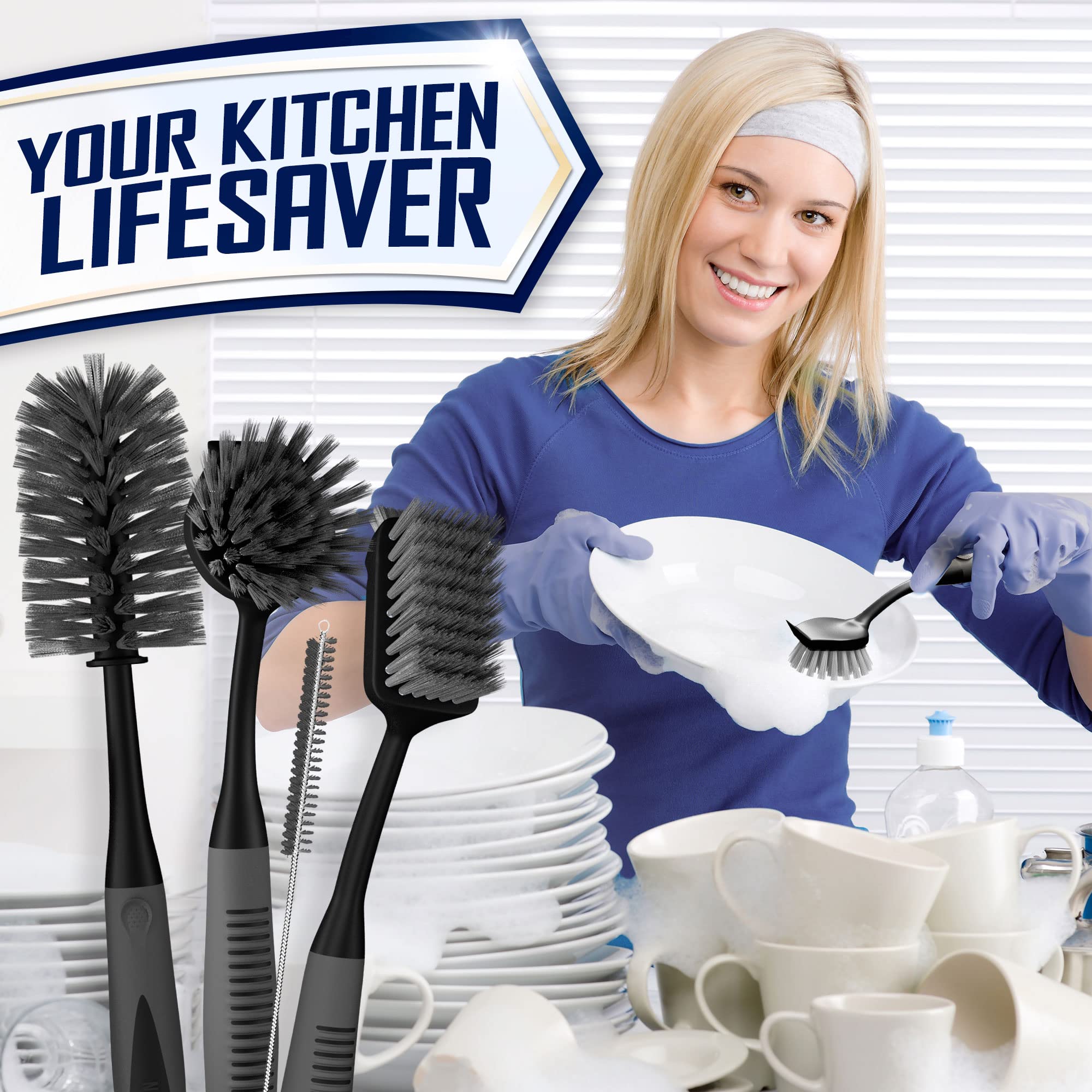 Trazon brushes in sink being used on pots showing practical cleaning action