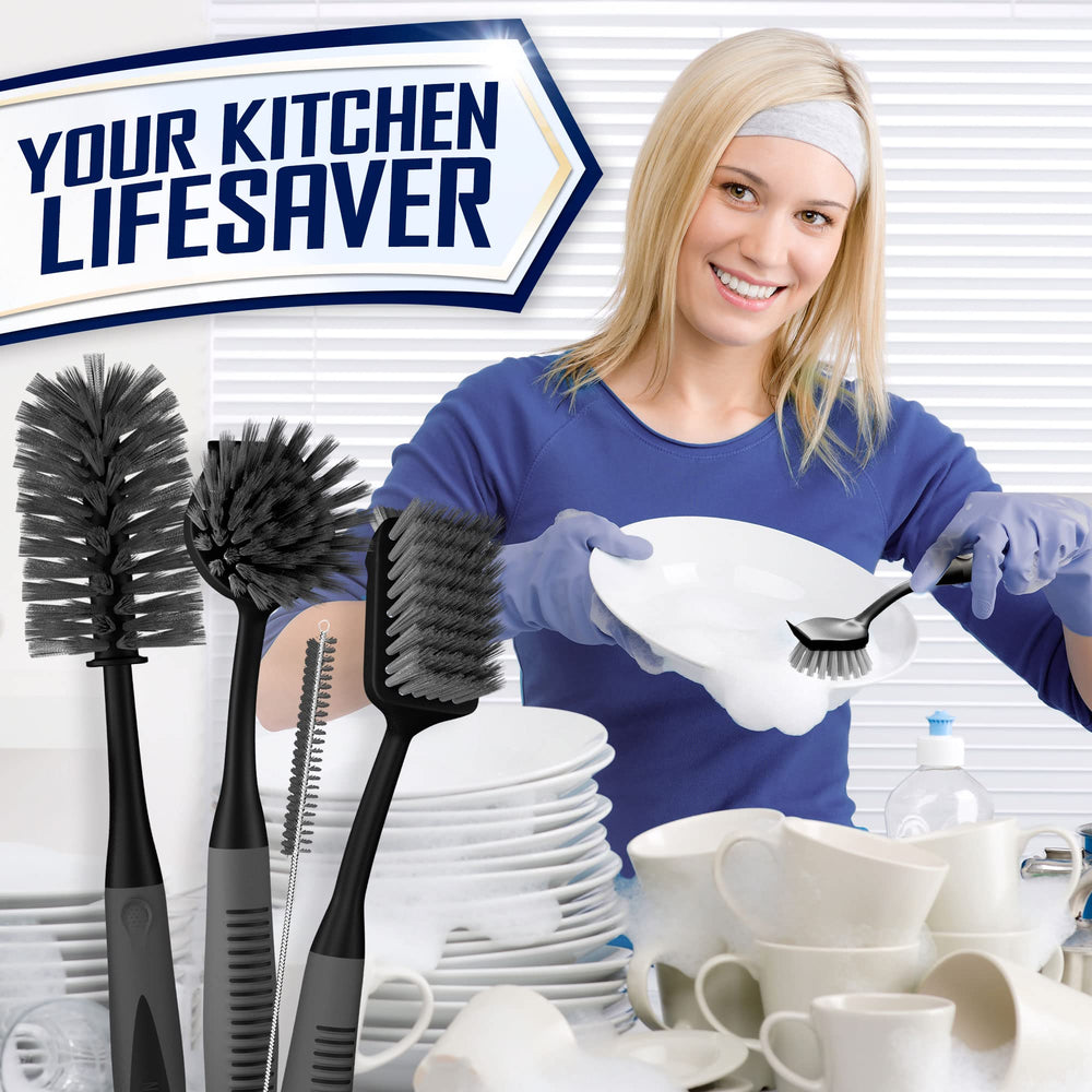 Trazon brushes in sink being used on pots showing practical cleaning action