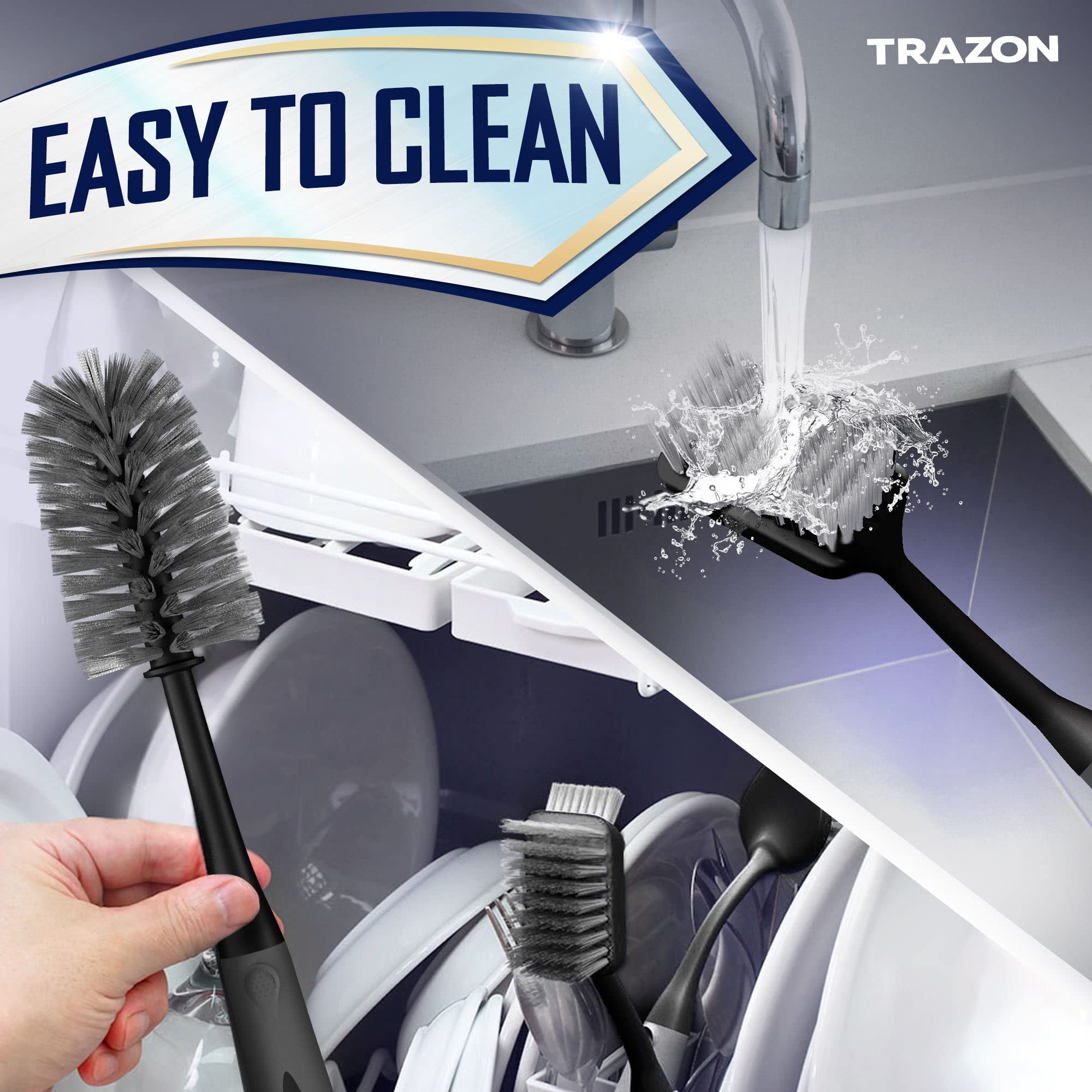 Trazon brushes beside a mug and bottle illustrating compact size and scale