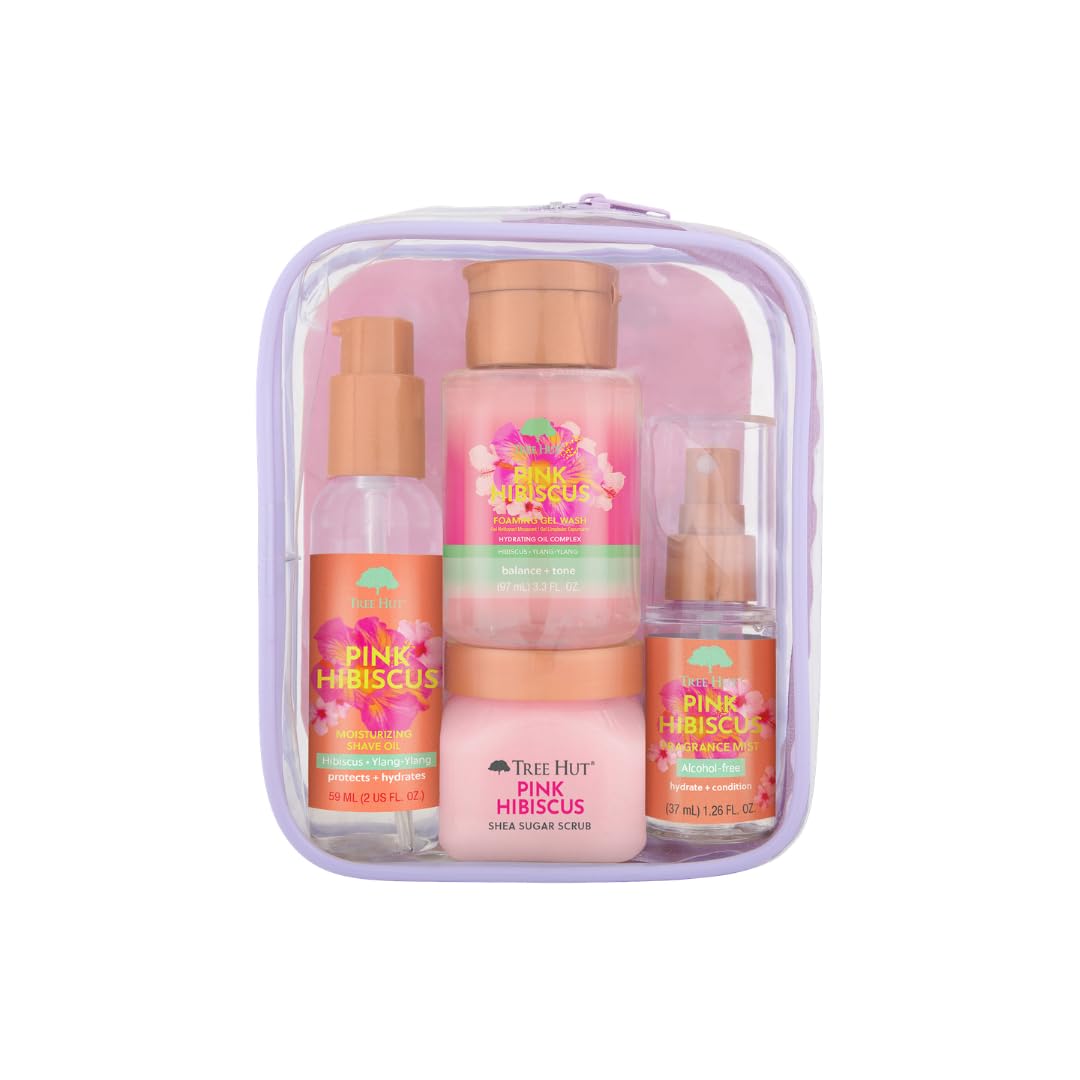 Tree Hut front packaging of pink hibiscus gift set shows complete travel kit benefit
