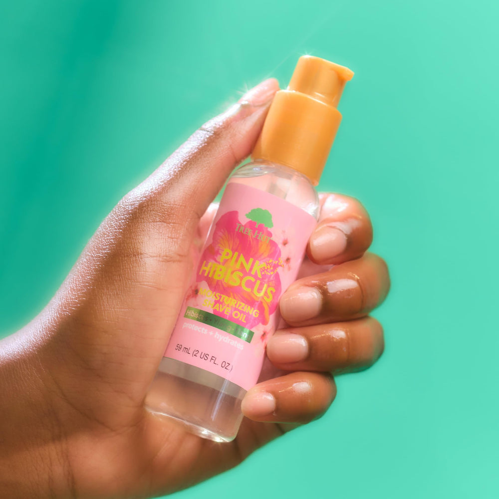 Tree Hut ingredient label closeup emphasizing shea butter and clean formula benefit