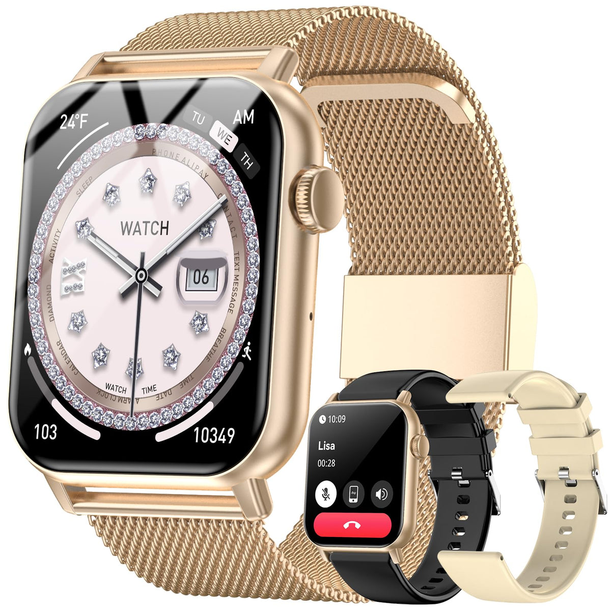 Trendia front display orange showing watch face and clear HD screen benefit