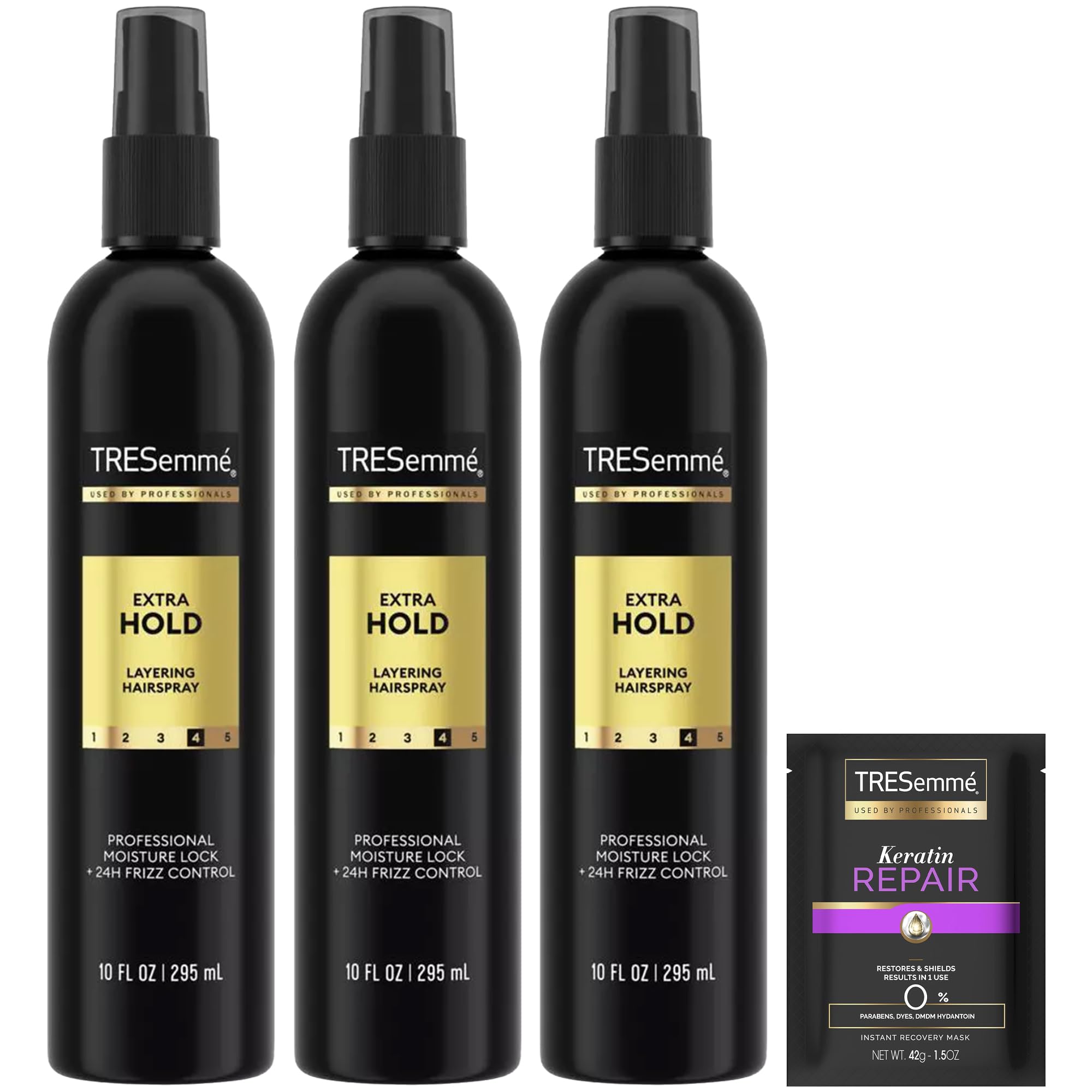 TRESemmé front packaging showing three bottles and travel size for dependable styling