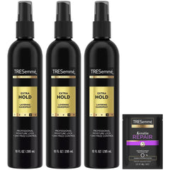 TRESemmé front packaging showing three bottles and travel size for dependable styling