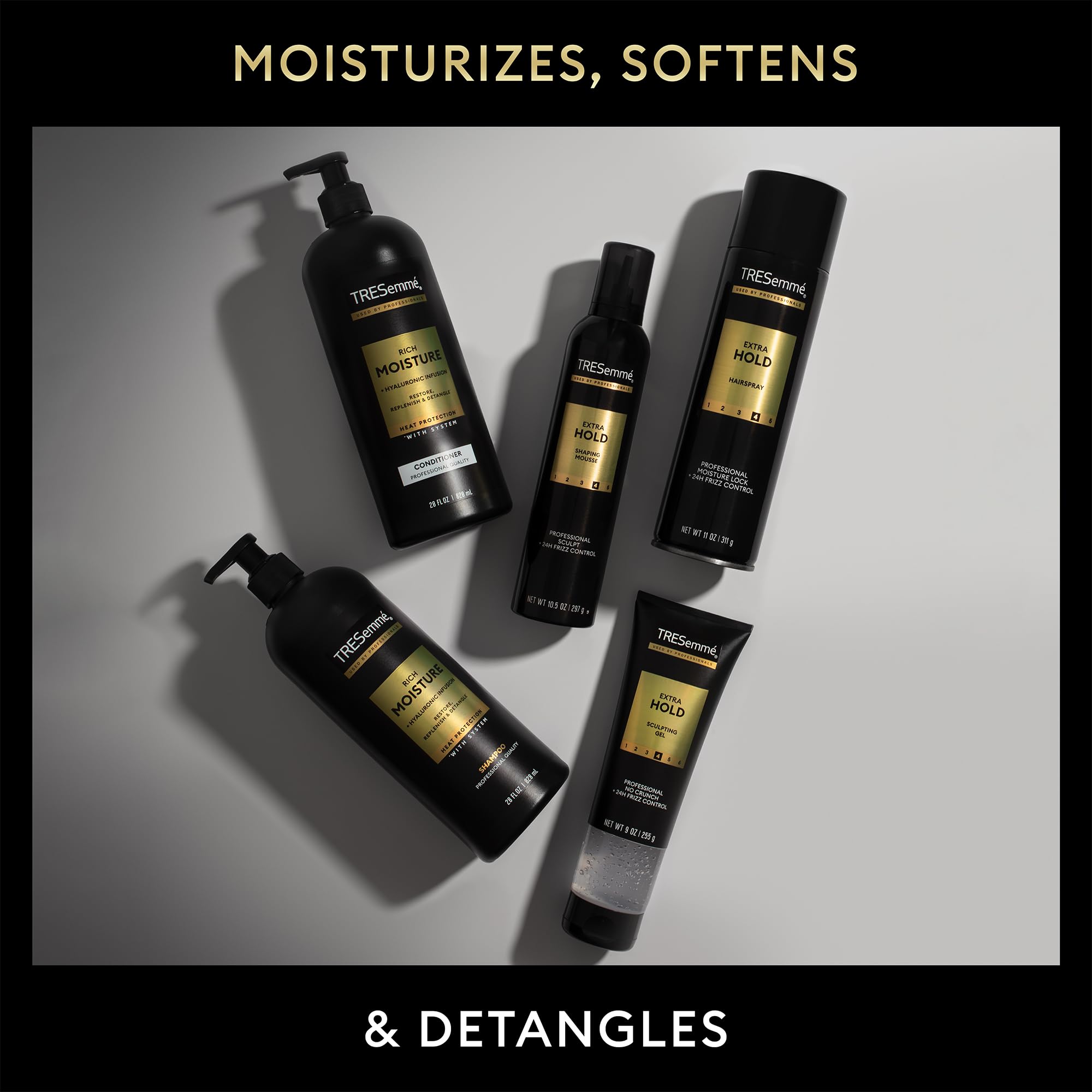 TRESemmé bottles inside a travel bag highlighting portability and styling readiness