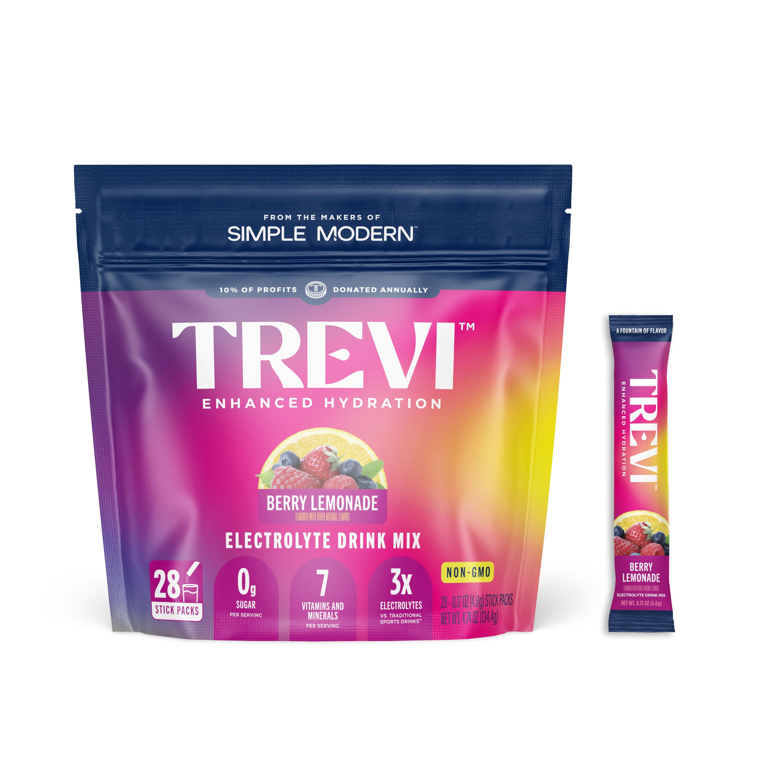 TREVI front packaging showing berry lemonade flavor and sugar-free benefit