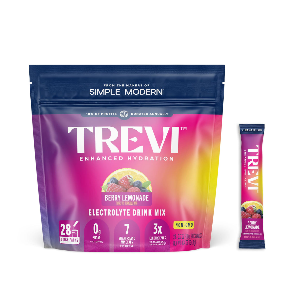 TREVI front packaging showing berry lemonade flavor and sugar-free benefit