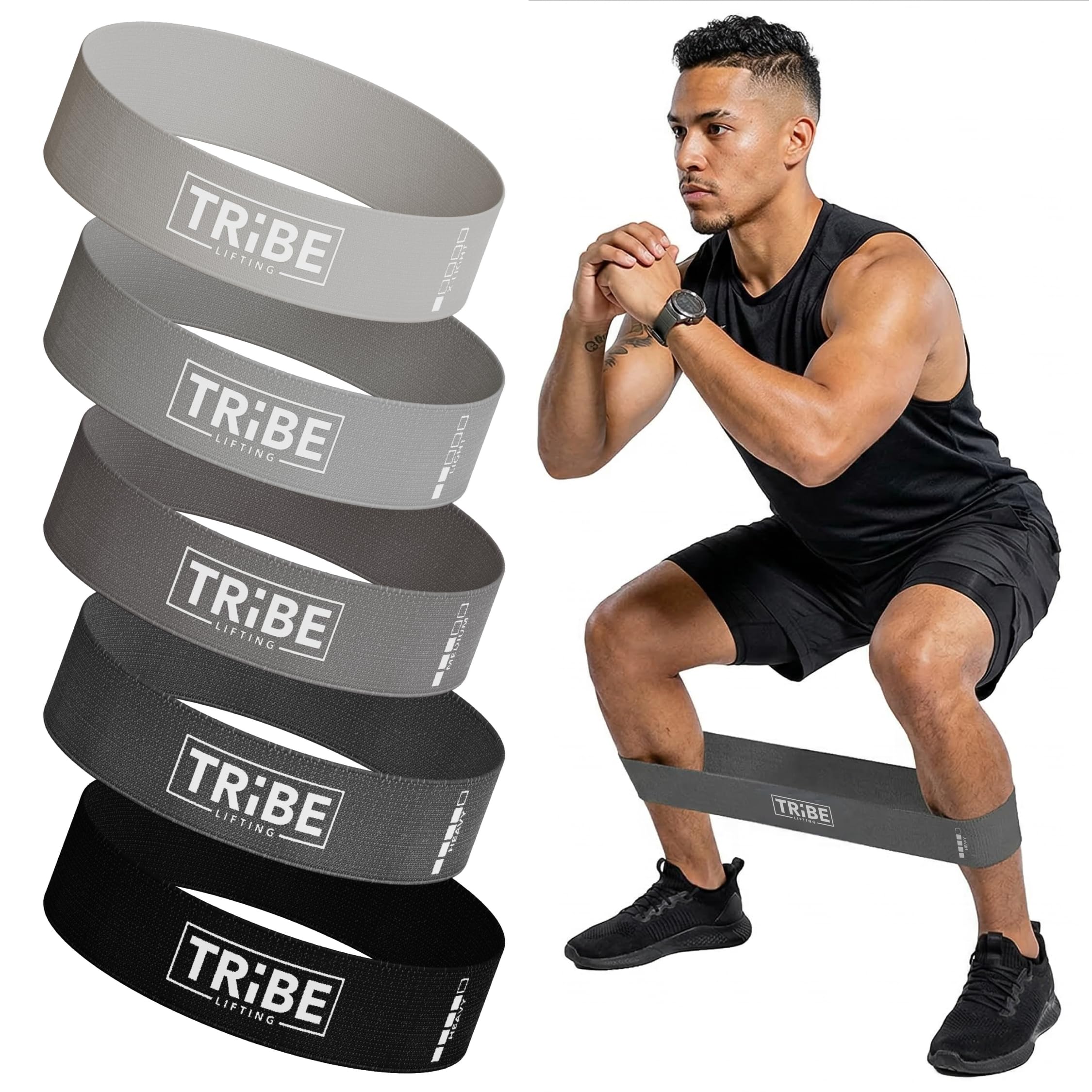 Tribe Lifting front view of five fabric resistance bands showing colors and range