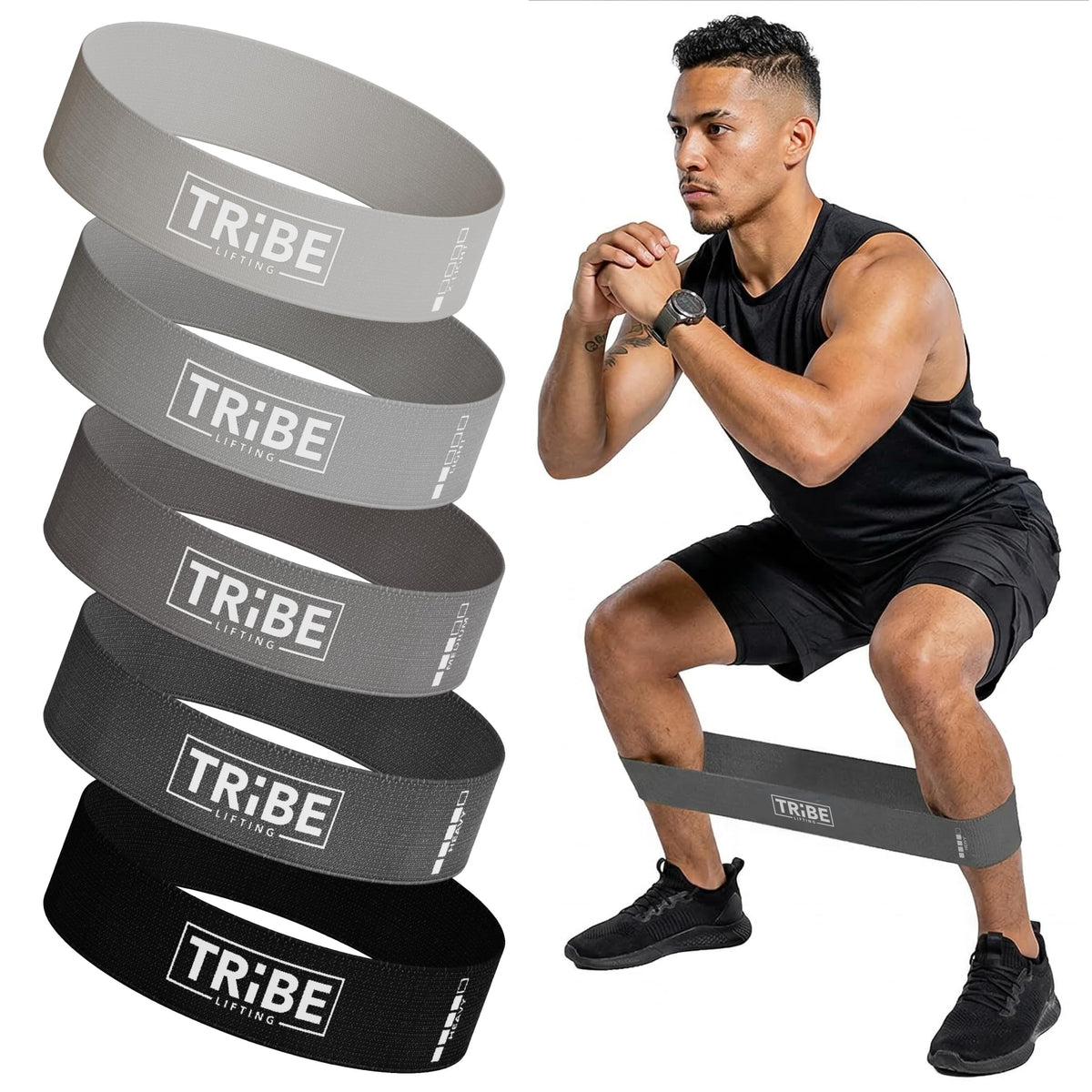 Tribe Lifting front view of five fabric resistance bands showing colors and range