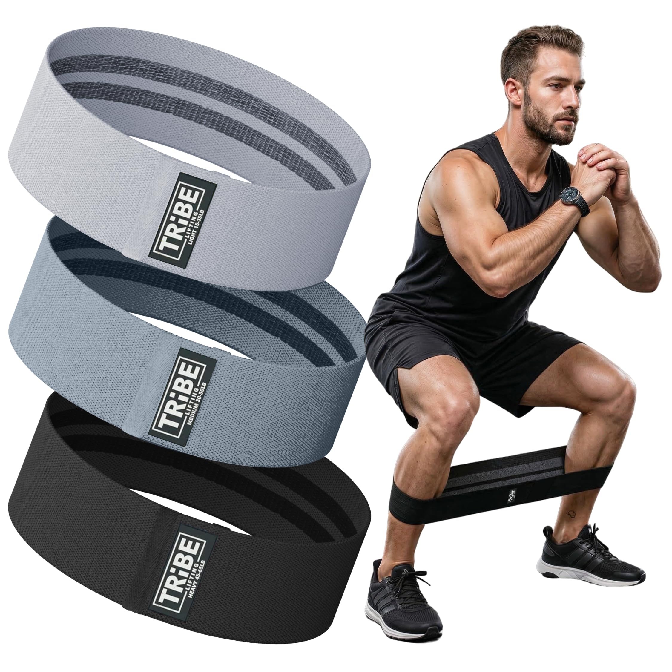 Tribe Lifting front view of the three resistance bands showing color-coded set benefits