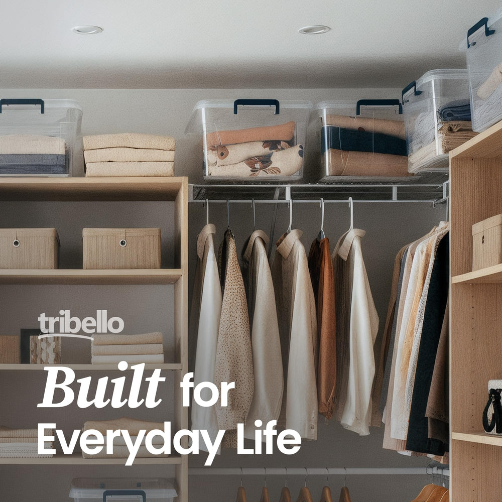 Tribello on shelf in room showing organized, clutter-free living