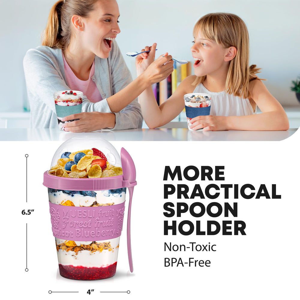 Tribello transparent cups displaying layered yogurt and fruit, highlights visual appeal