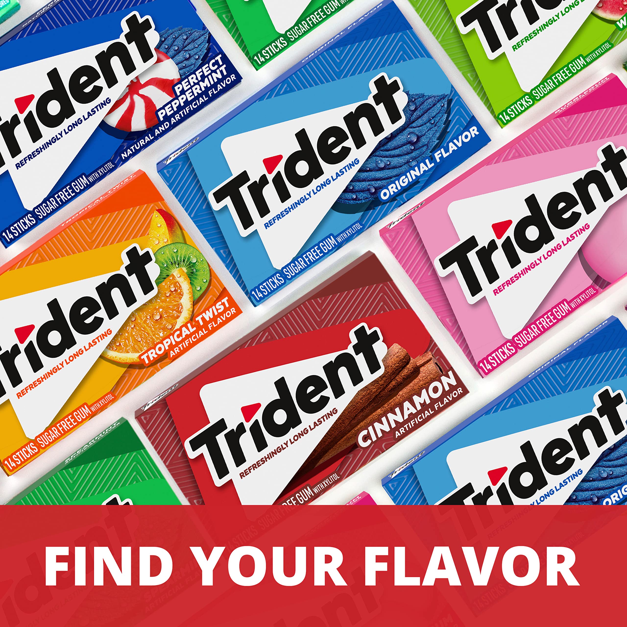 Fourteen Trident pieces laid out to show single pack serving size