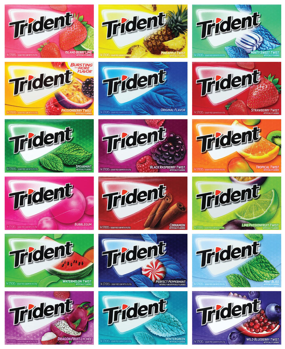Tridents front packaging showing assorted packs, convenient portable freshness
