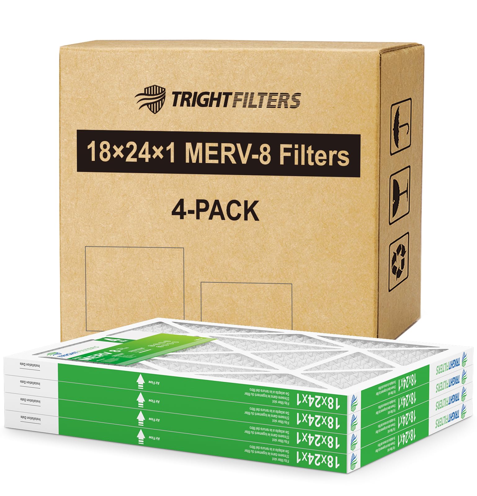 TRIGHTFILTERS front view of 4-pack box showing product and value
