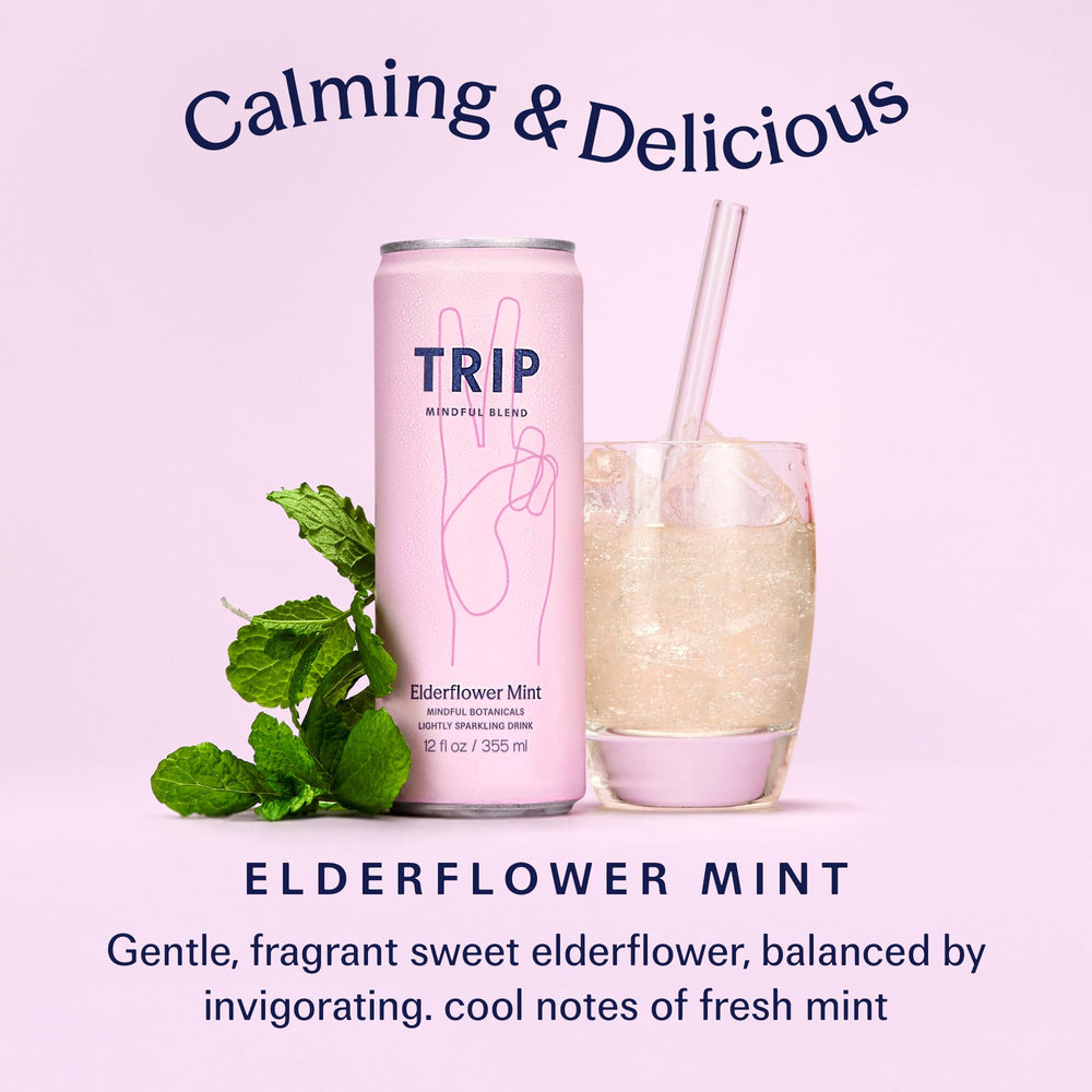 TRIP ingredients display with elderflower and mint, illustrating natural botanical blend