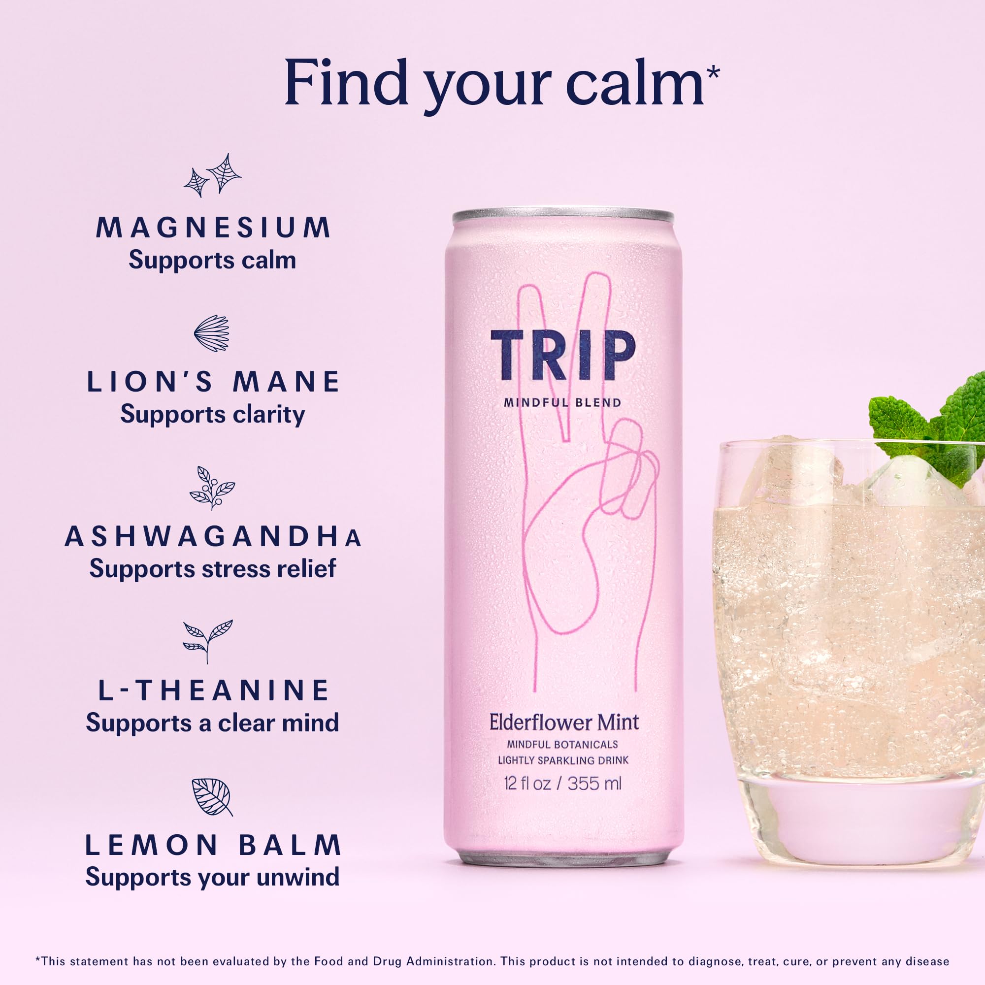 TRIP poured over ice in a glass with mint garnish, showcasing ready-to-drink refreshment