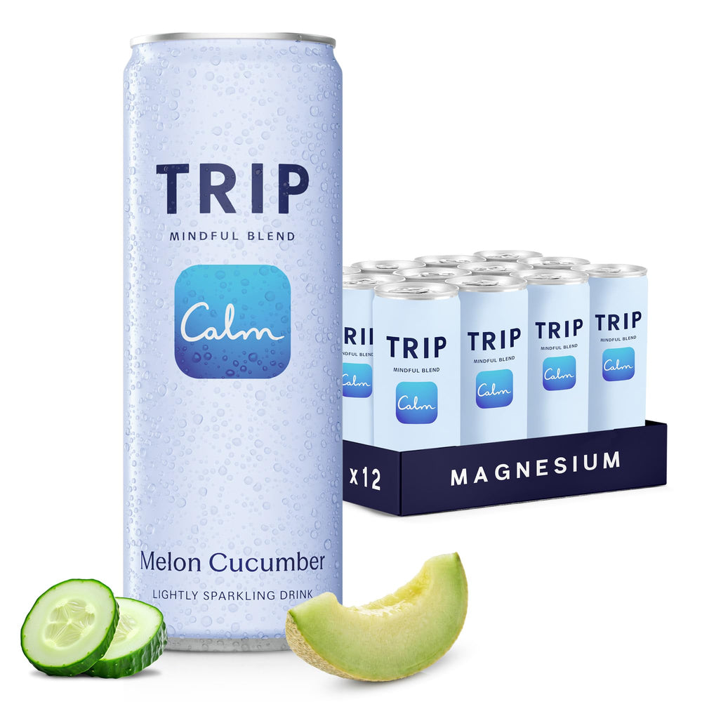 TRIP front packaging showing Melon Cucumber cans and calming branding