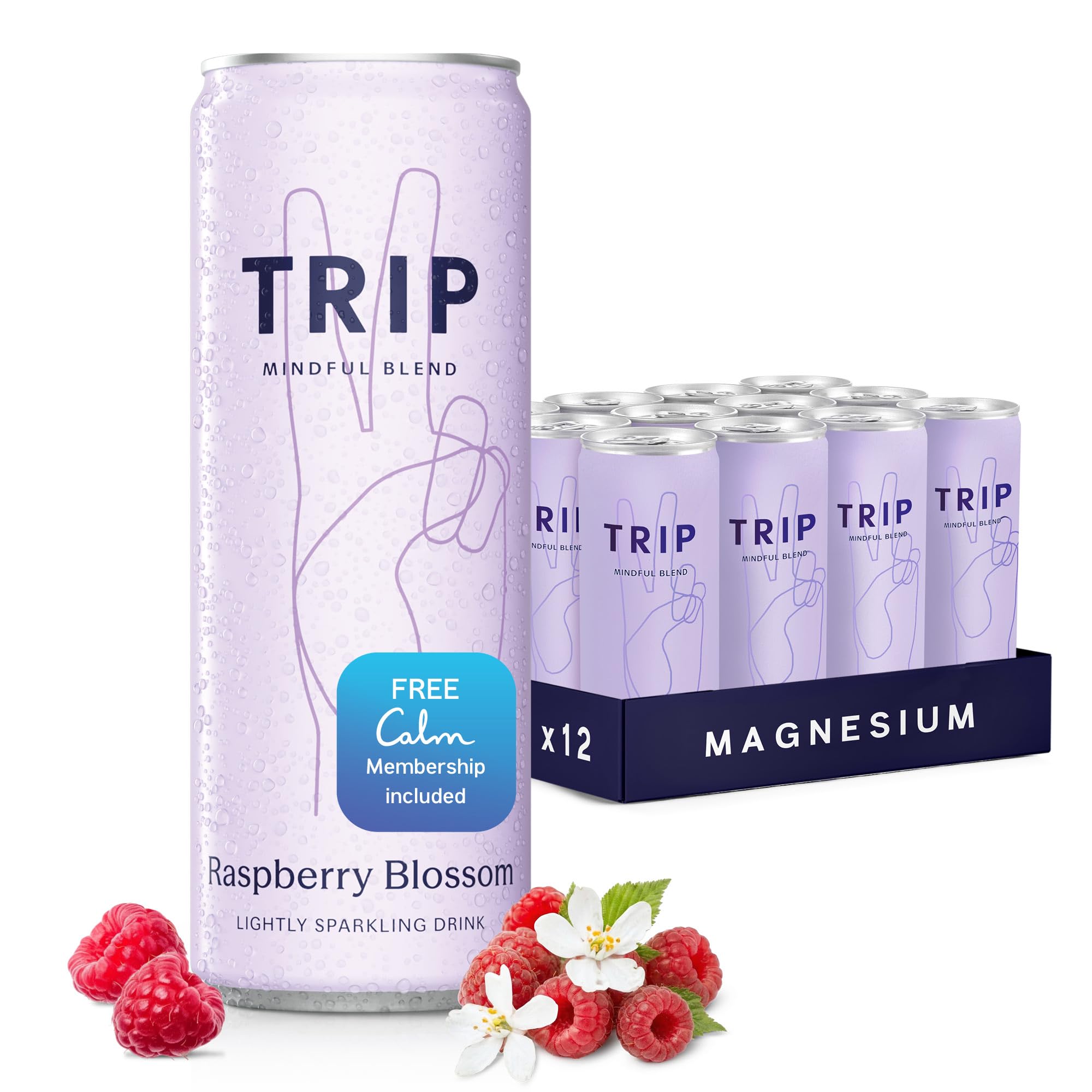 TRIP front can showing Raspberry Blossom label and refreshing appeal