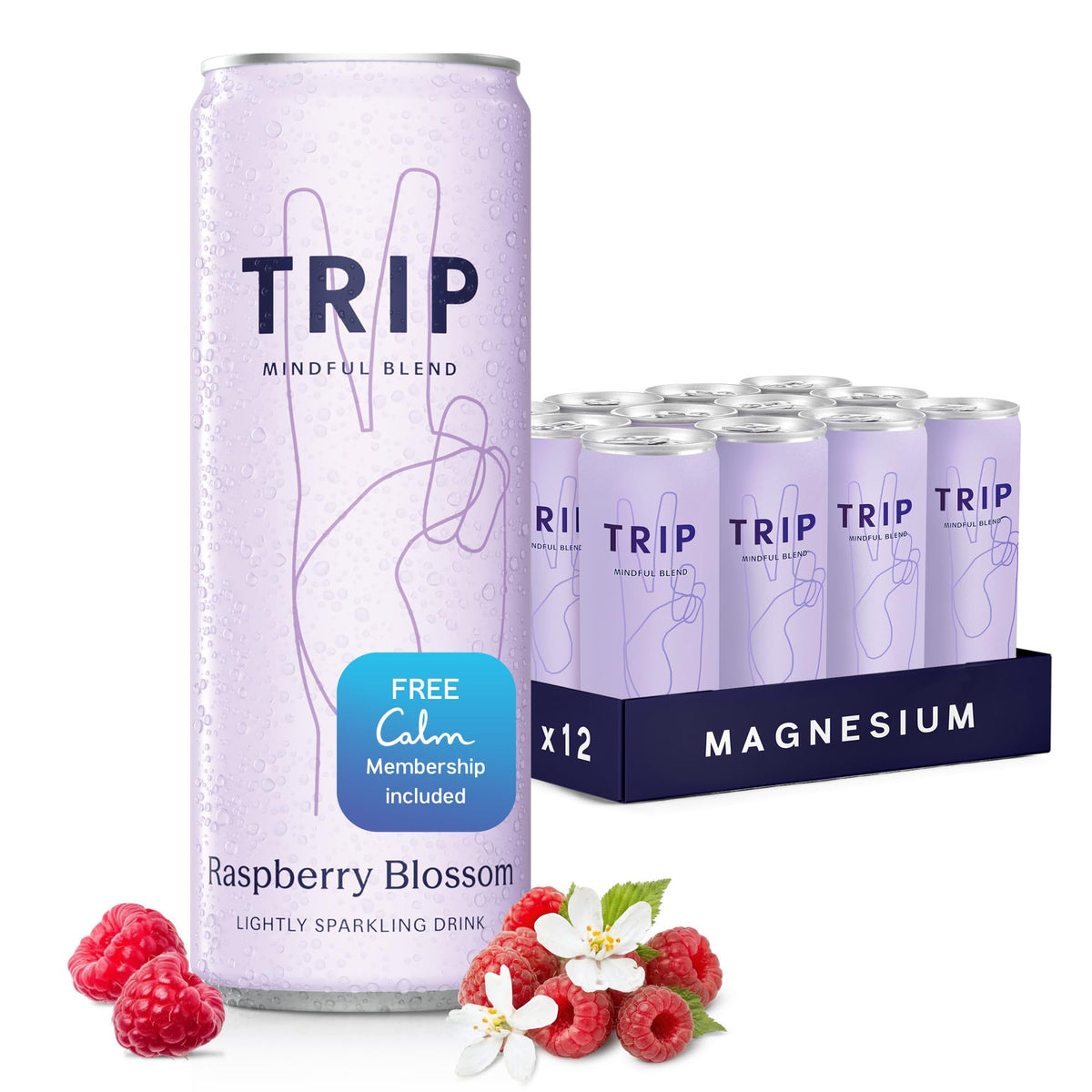 TRIP front can showing Raspberry Blossom label and refreshing appeal