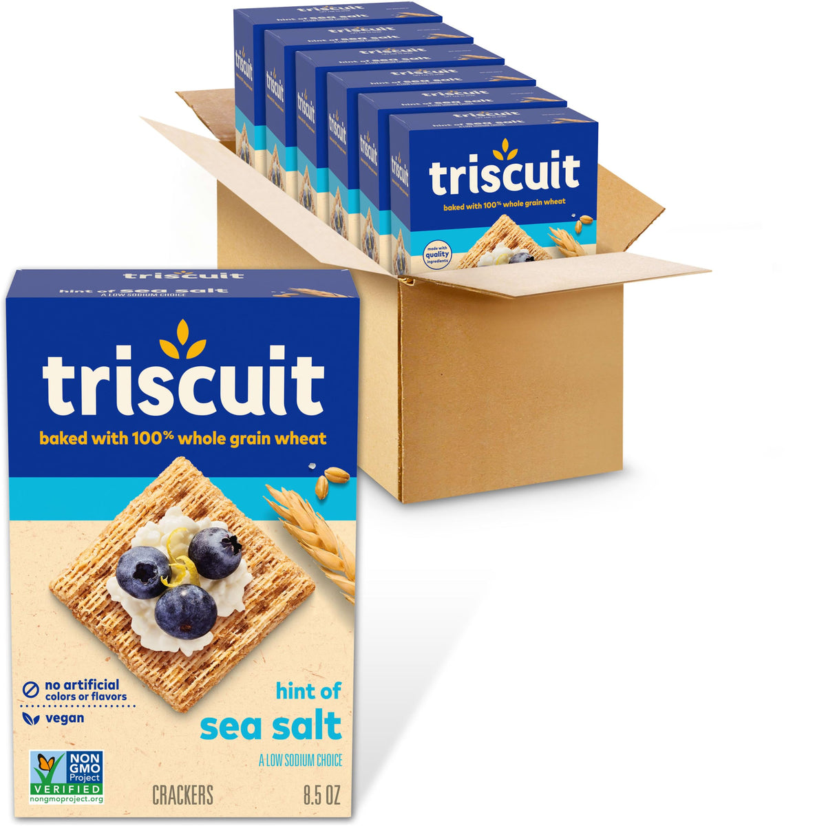 Triscuit front packaging showing hint of sea salt and whole grain benefits