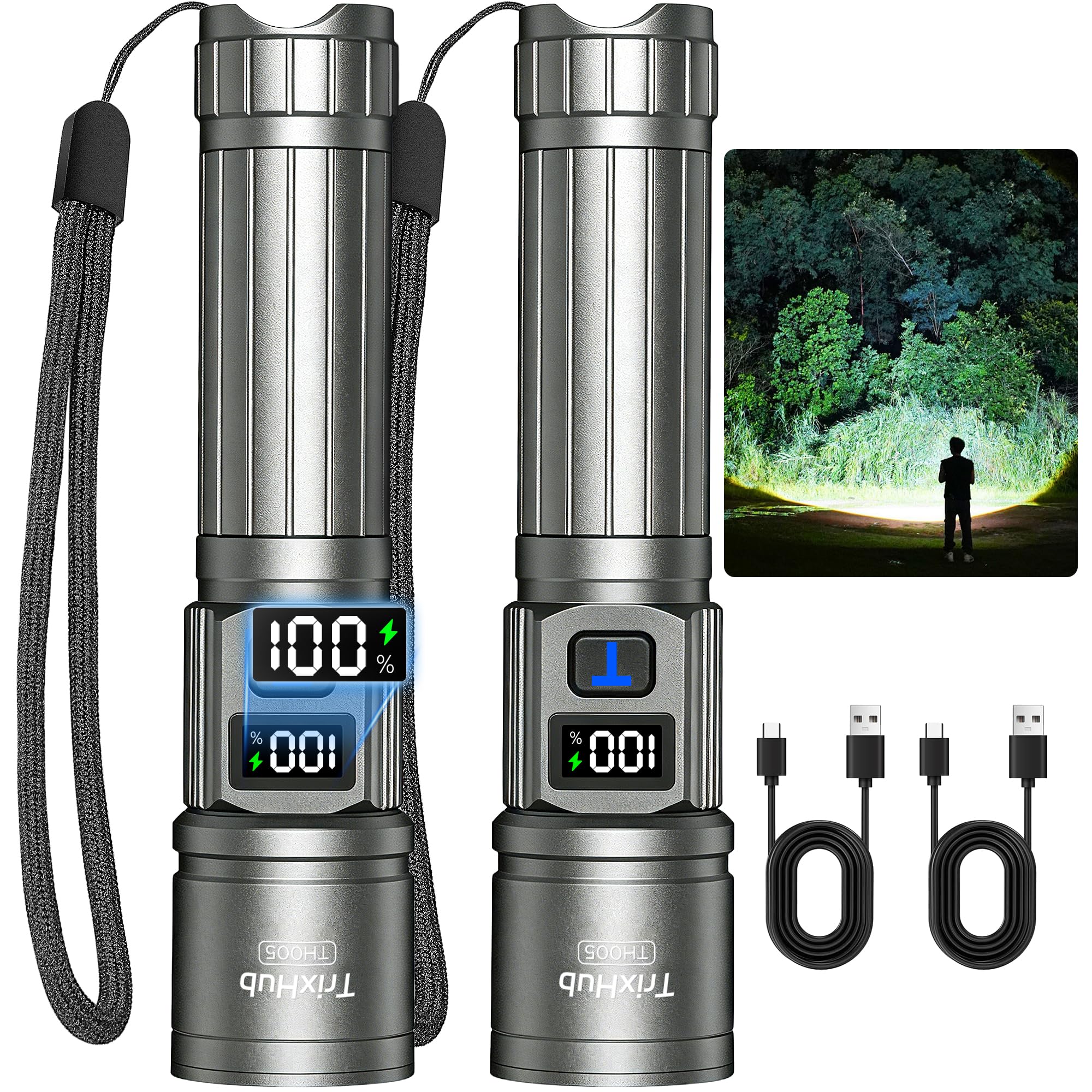 TrixHub flashlight front view showing compact titanium body and benefits of portability