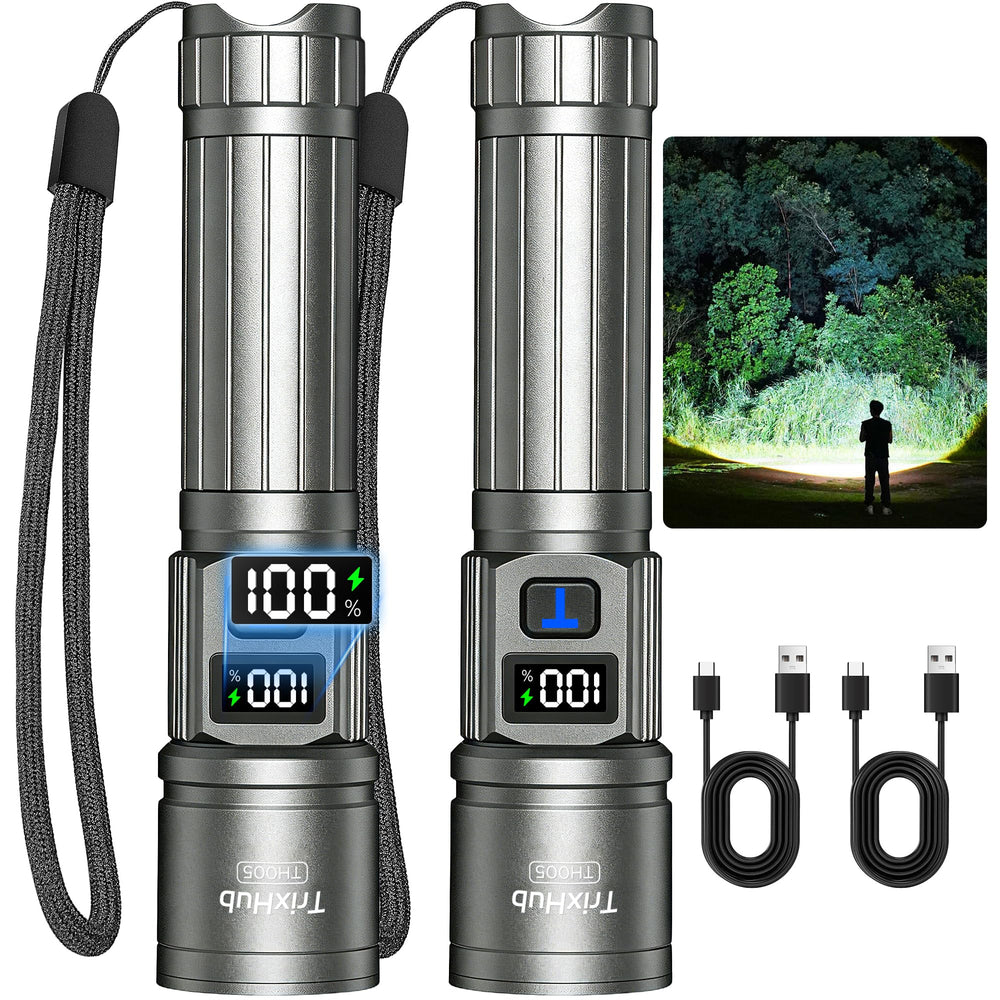 TrixHub flashlight front view showing compact titanium body and benefits of portability