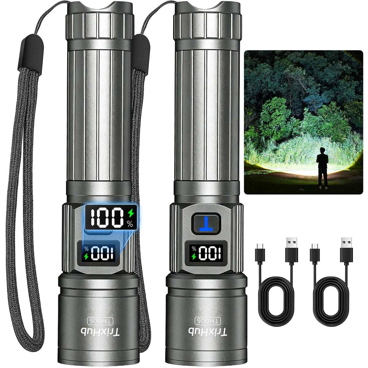 TrixHub flashlight front view showing compact titanium body and benefits of portability