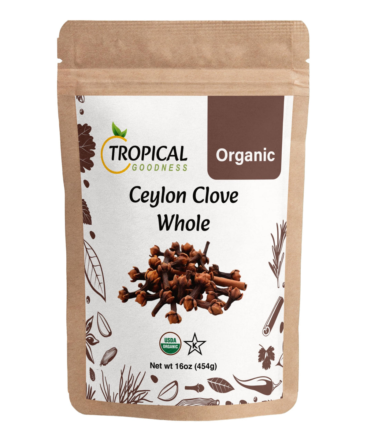 Tropical Goodness front packaging showing 16 oz organic cloves benefit freshness