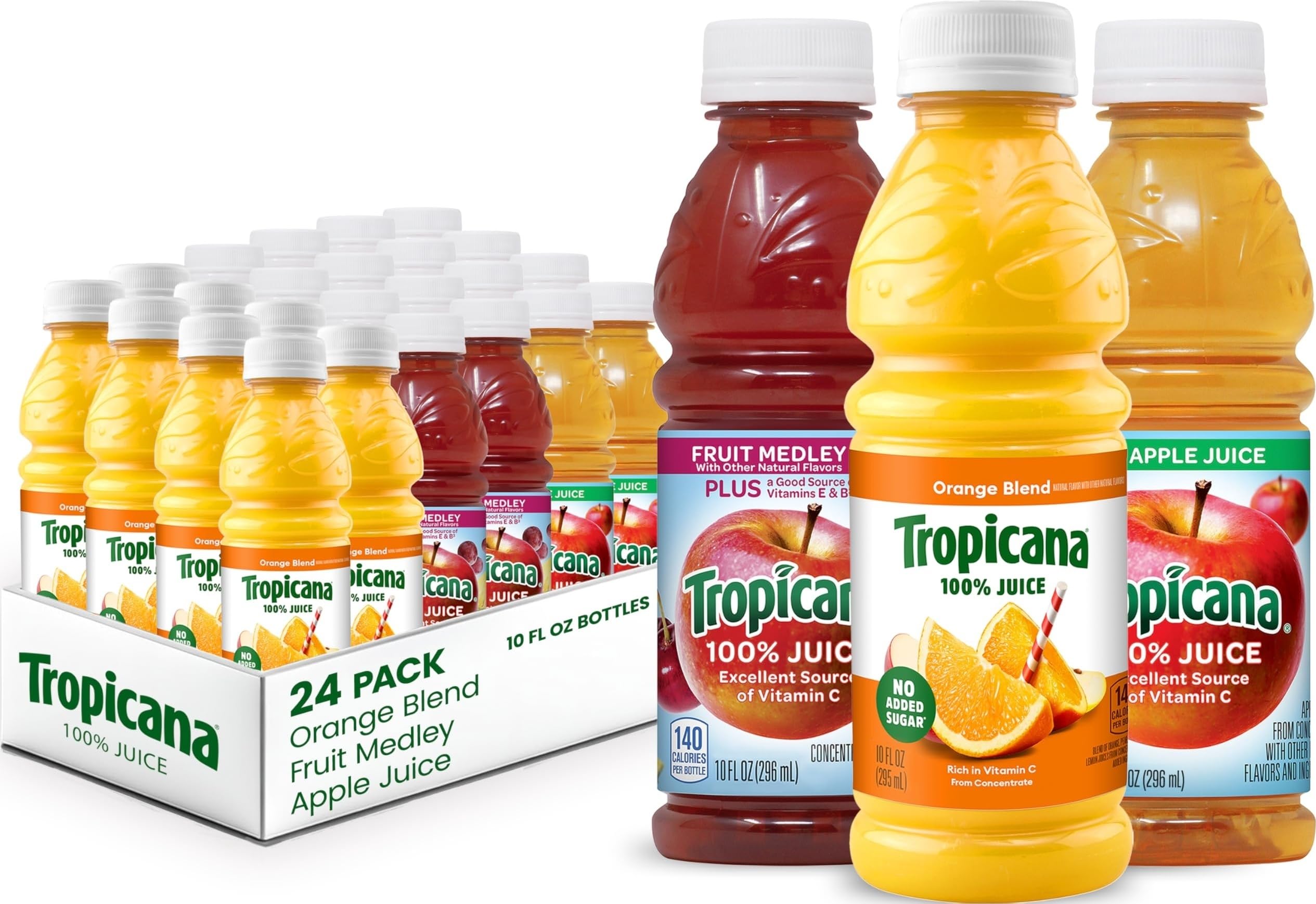 Tropicana 24-pack front view showing all bottles and assortment benefits