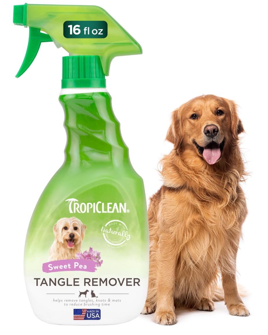 TropiClean front bottle view shows detangler benefits for easier brushing