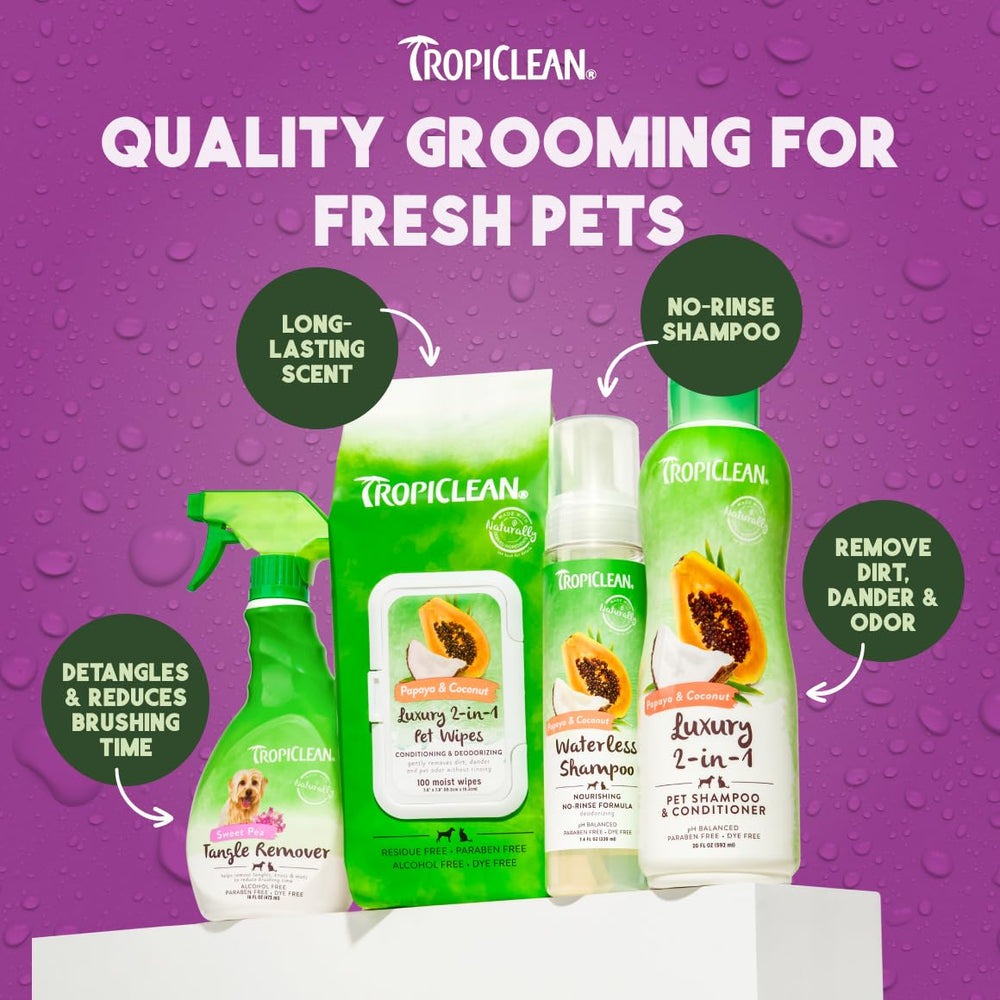 TropiClean used during pet brushing for calmer, quicker grooming sessions