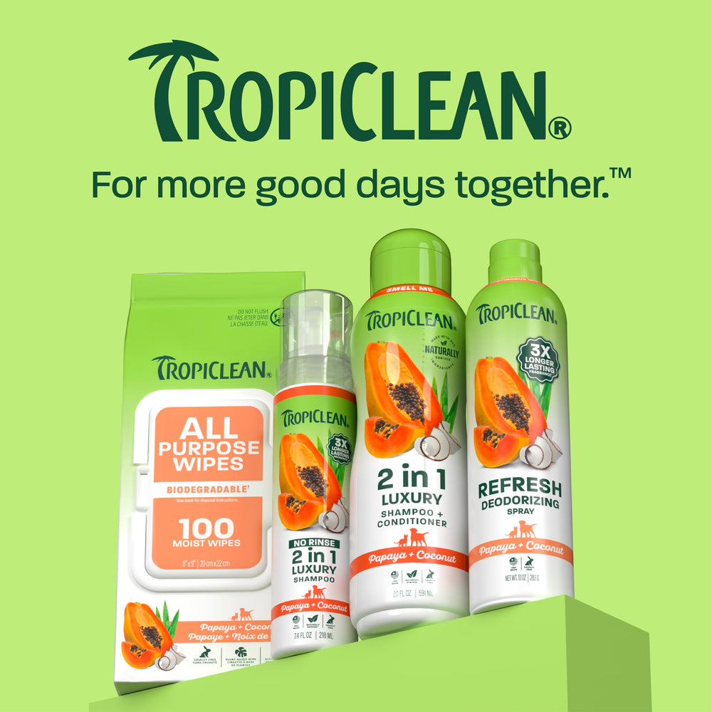 TropiClean used in puppy bath lifestyle scene showing gentle, family-friendly grooming