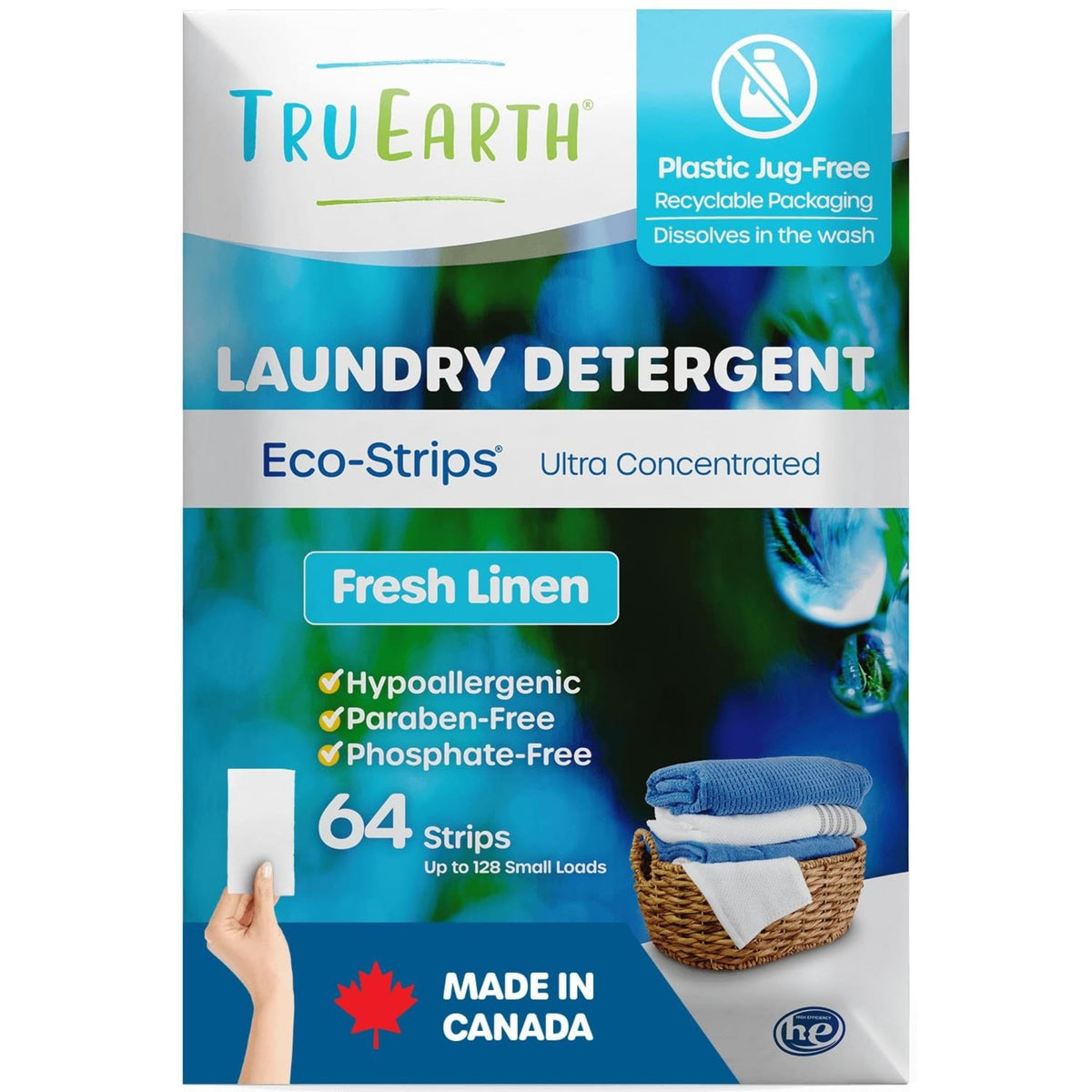 Tru Earth front packaging showing Fresh Linen 64-strip box and eco benefits