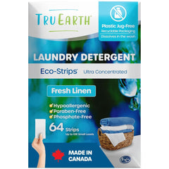 Tru Earth front packaging showing Fresh Linen 64-strip box and eco benefits