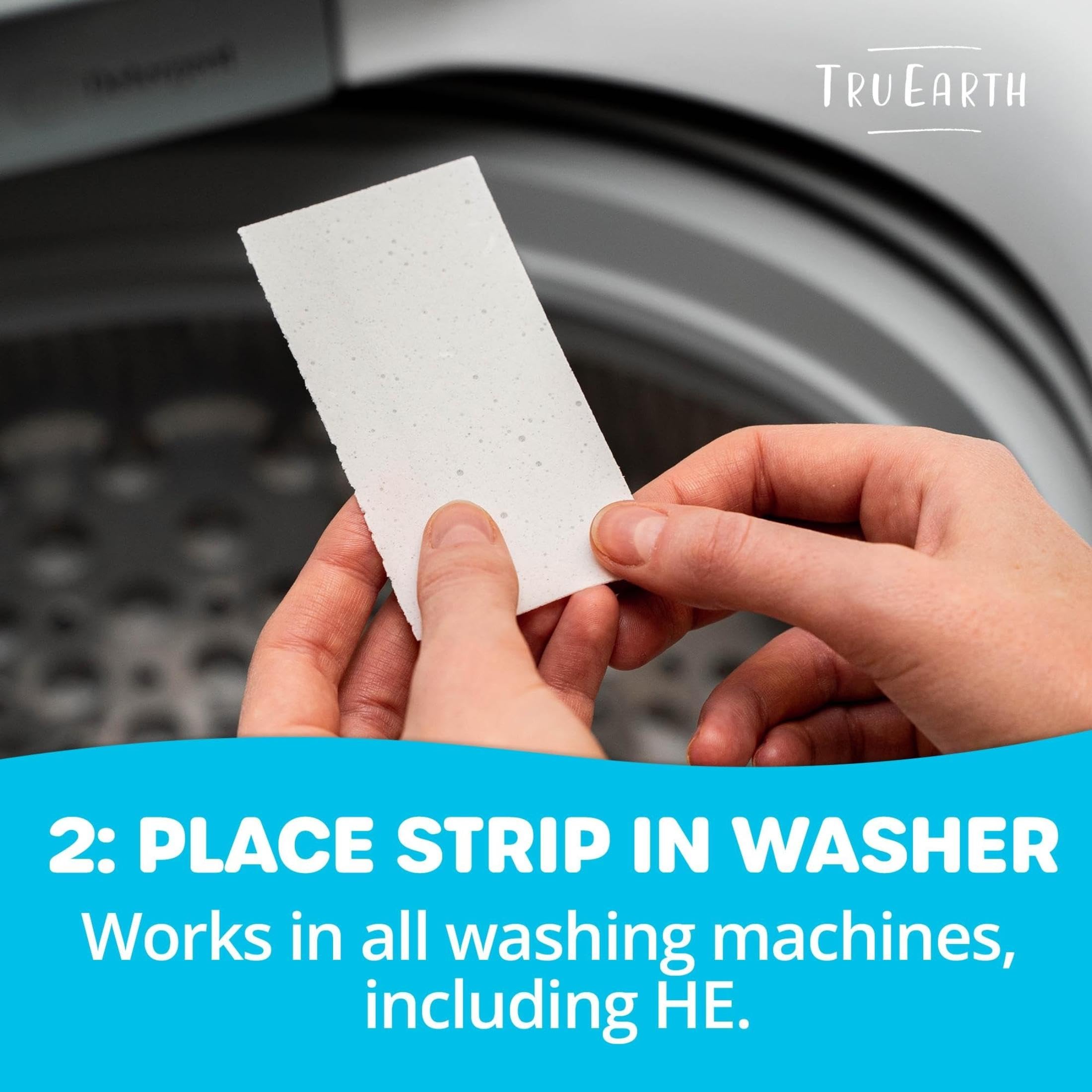 Tru Earth strips in washer with laundry showing convenient pre-measured cleaning