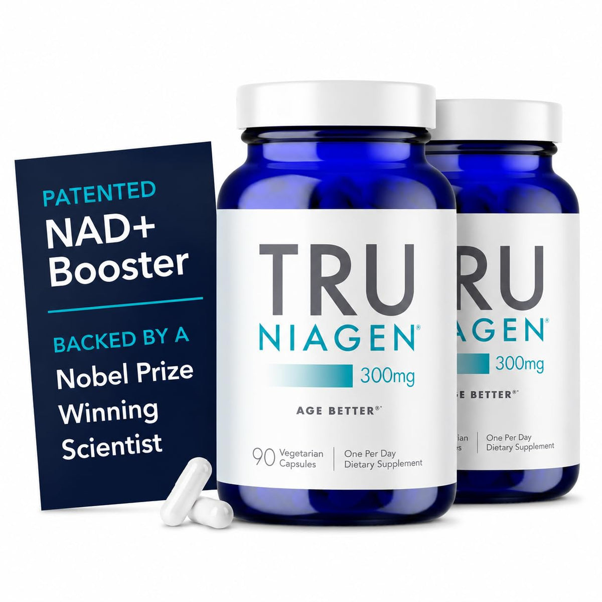 TRU NIAGEN front packaging showing twin bottles and label benefits