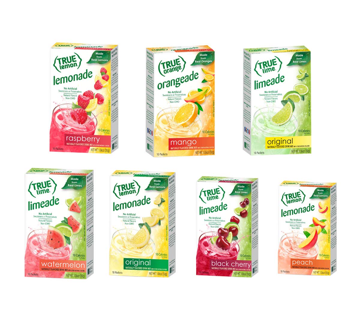 True Citrus front packaging showing all seven flavors and benefits of portability