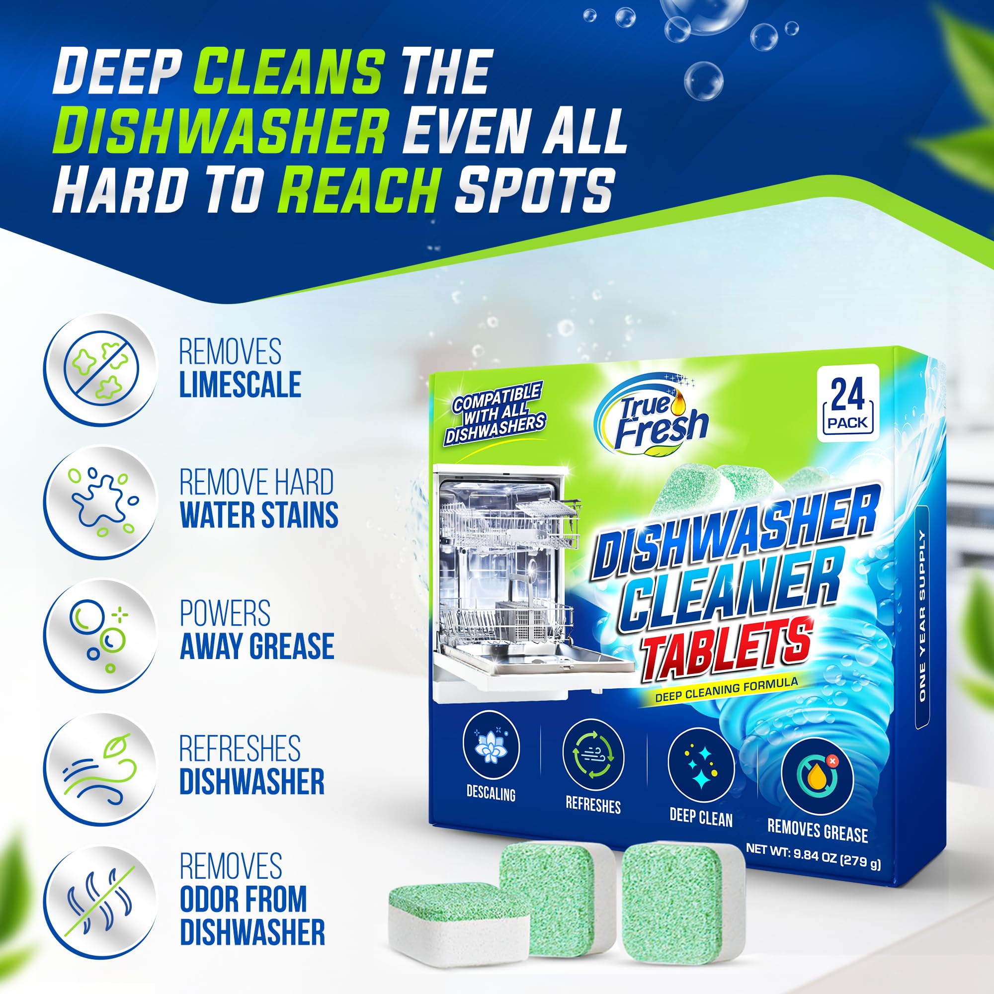 True Fresh tablet placed in dishwasher tub ready to clean and deodorize