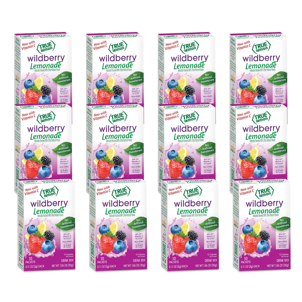 True Lemon front packaging showing wildberry lemonade packets and benefits