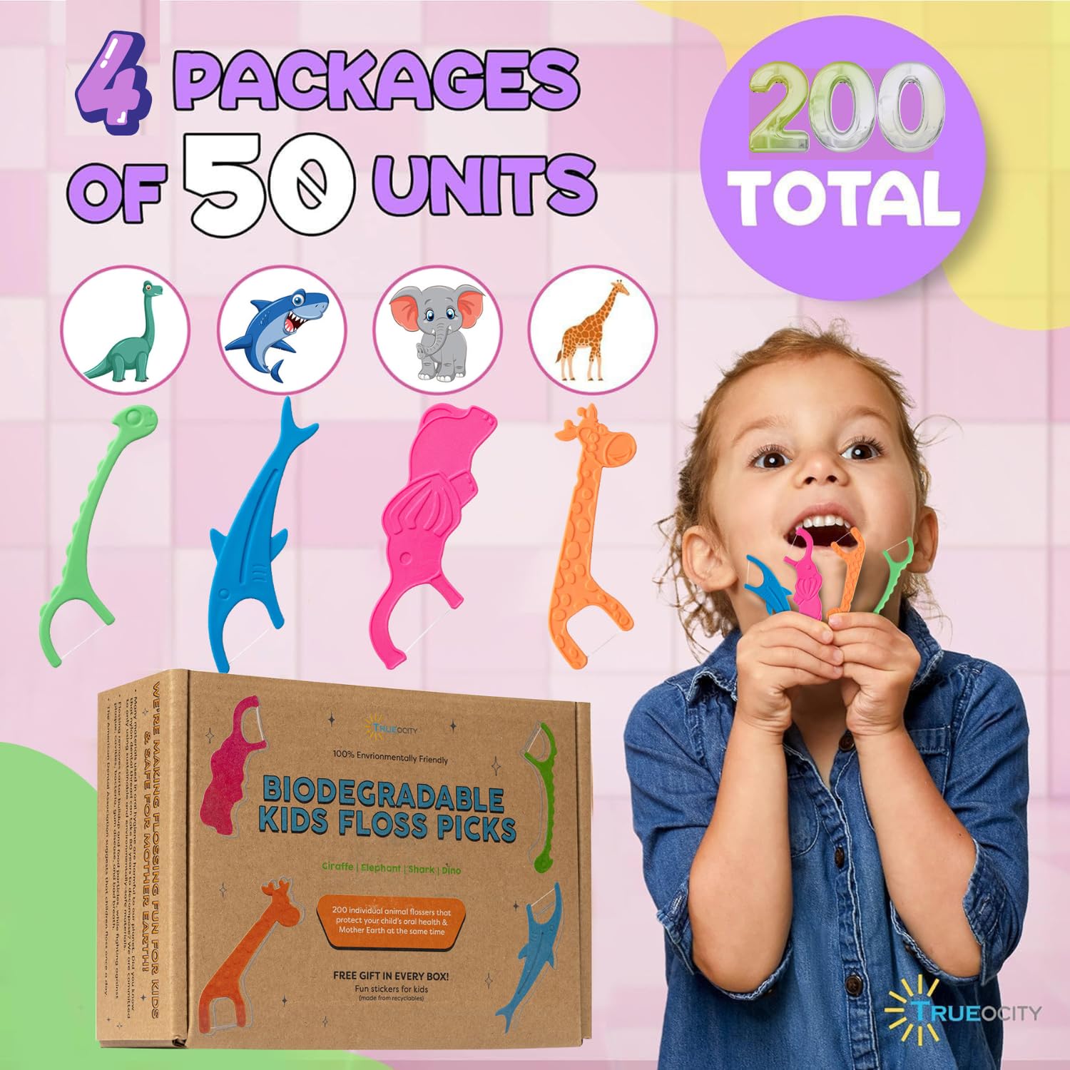 Trueocity four animal designs displayed to boost kids' flossing engagement