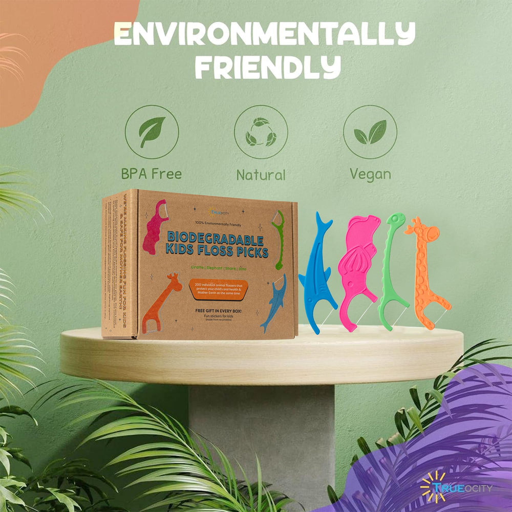Trueocity paper bag packaging with 50 flossers per bag for tidy storage