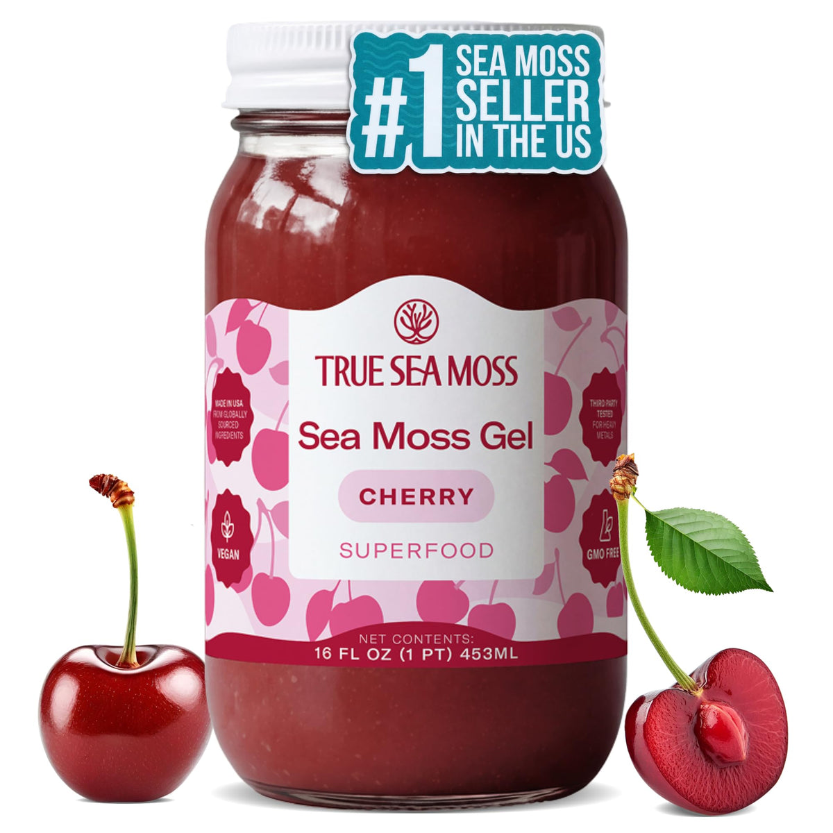 TrueSeaMoss cherry front jar showing brand and 16oz size with clear gel benefit
