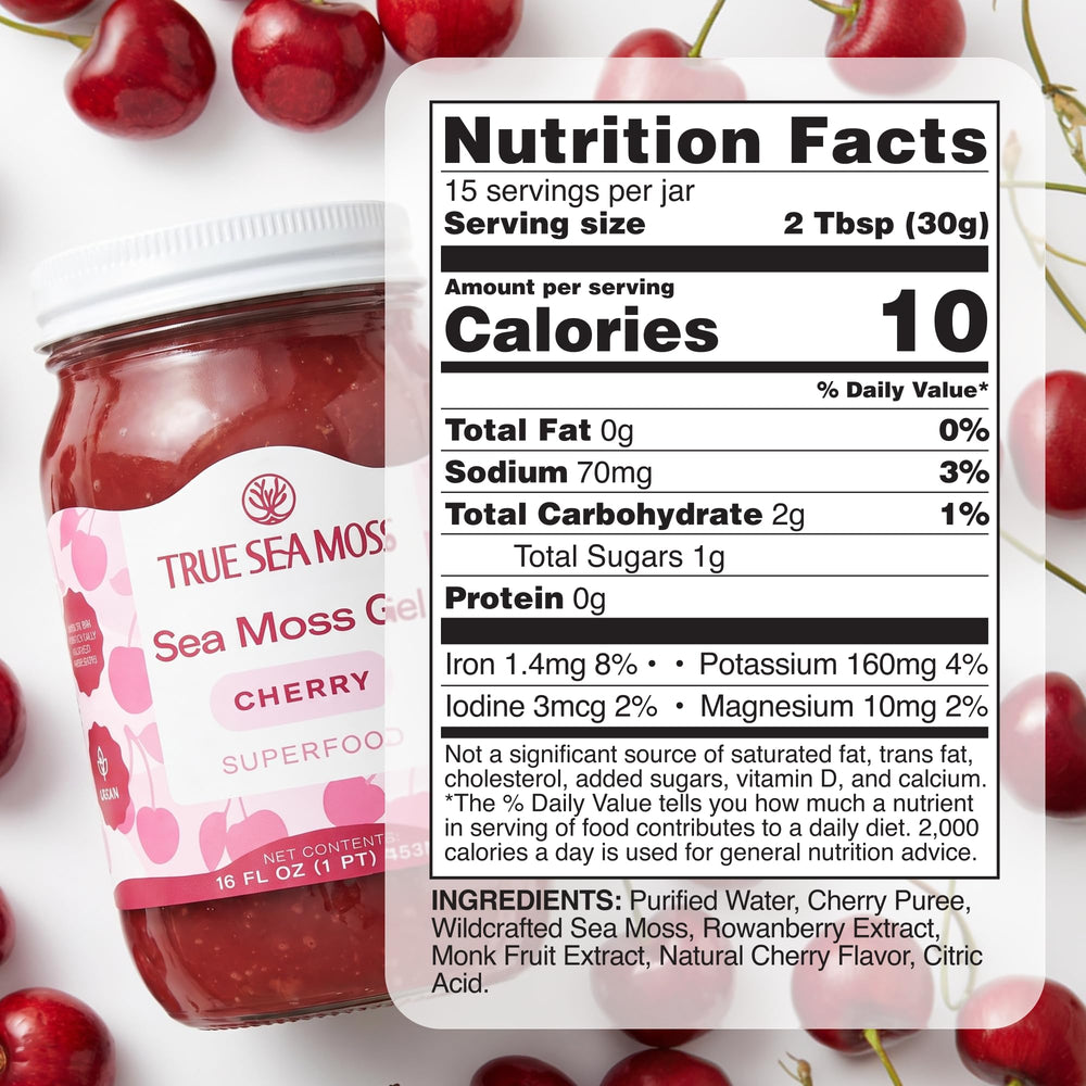 TrueSeaMoss cherry label detail highlighting origin and manufacturing transparency